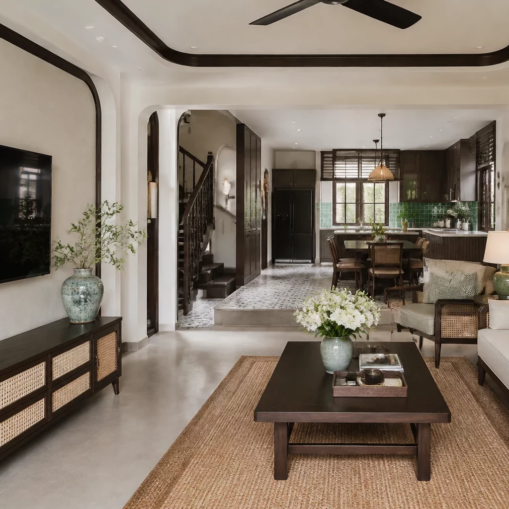 Nội thất phòng khách đơn giản liền kề bếp hiện đại