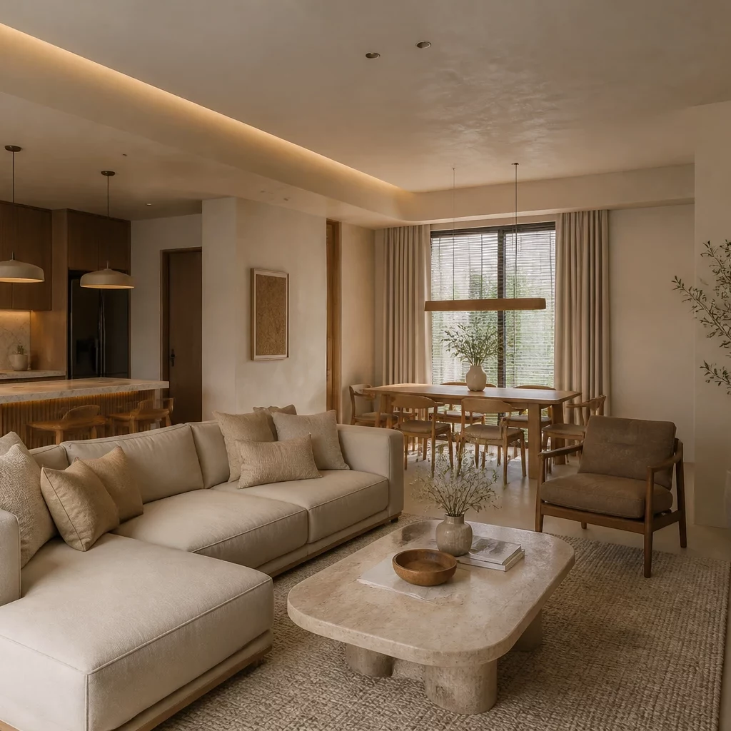 Phòng khách liền bếp đẹp với sofa lớn phong cách hiện đại