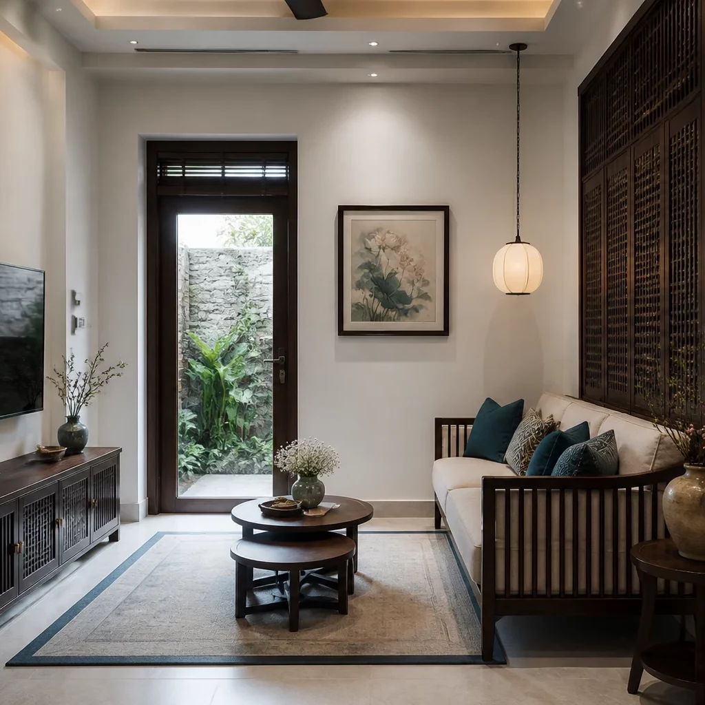 Mẫu bếp tủ âm tường cổ điển trong thiết kế phòng khách liền bếp Indochine
