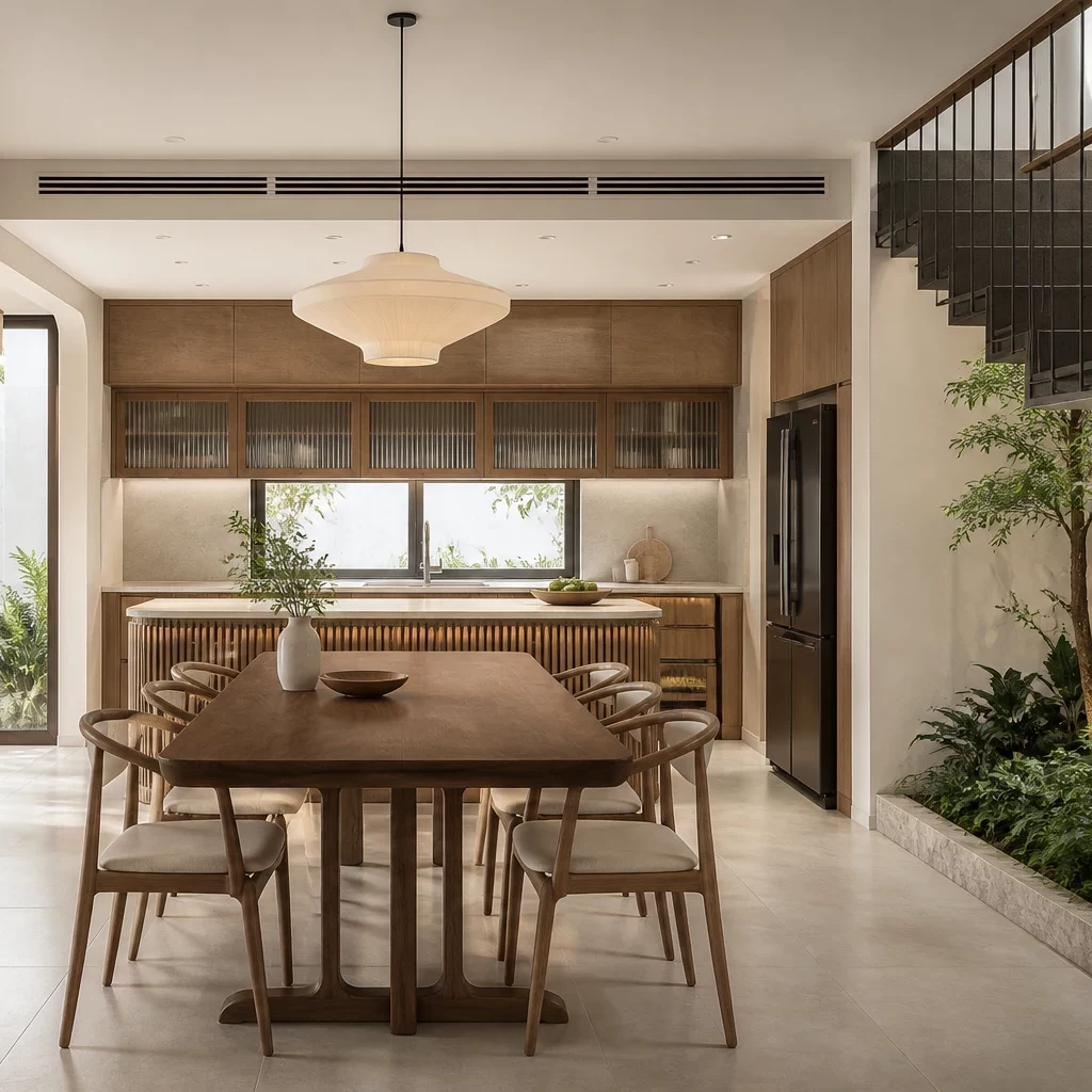 Thiết kế phòng khách liền bếp phong cách Japandi ấm cúng