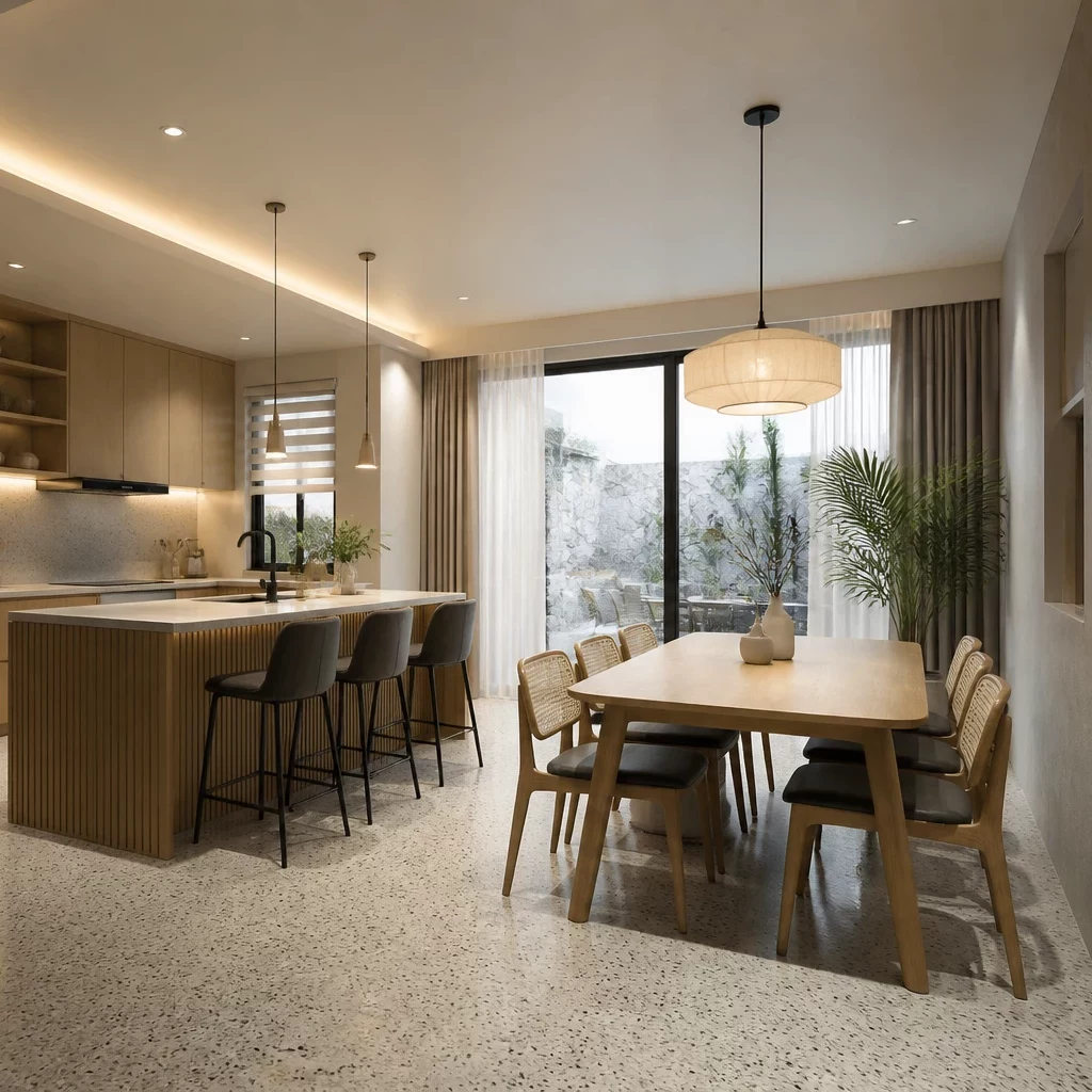 Mẫu thiết kế phòng khách liền bếp với bếp chữ L tối giản