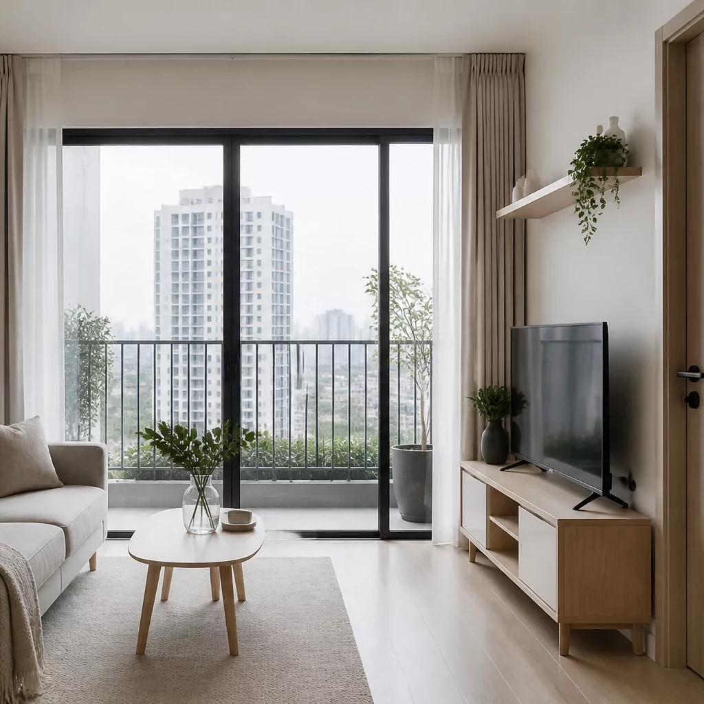 Mẫu thiết kế phòng khách liền bếp phong cách Scandinavian tối giản