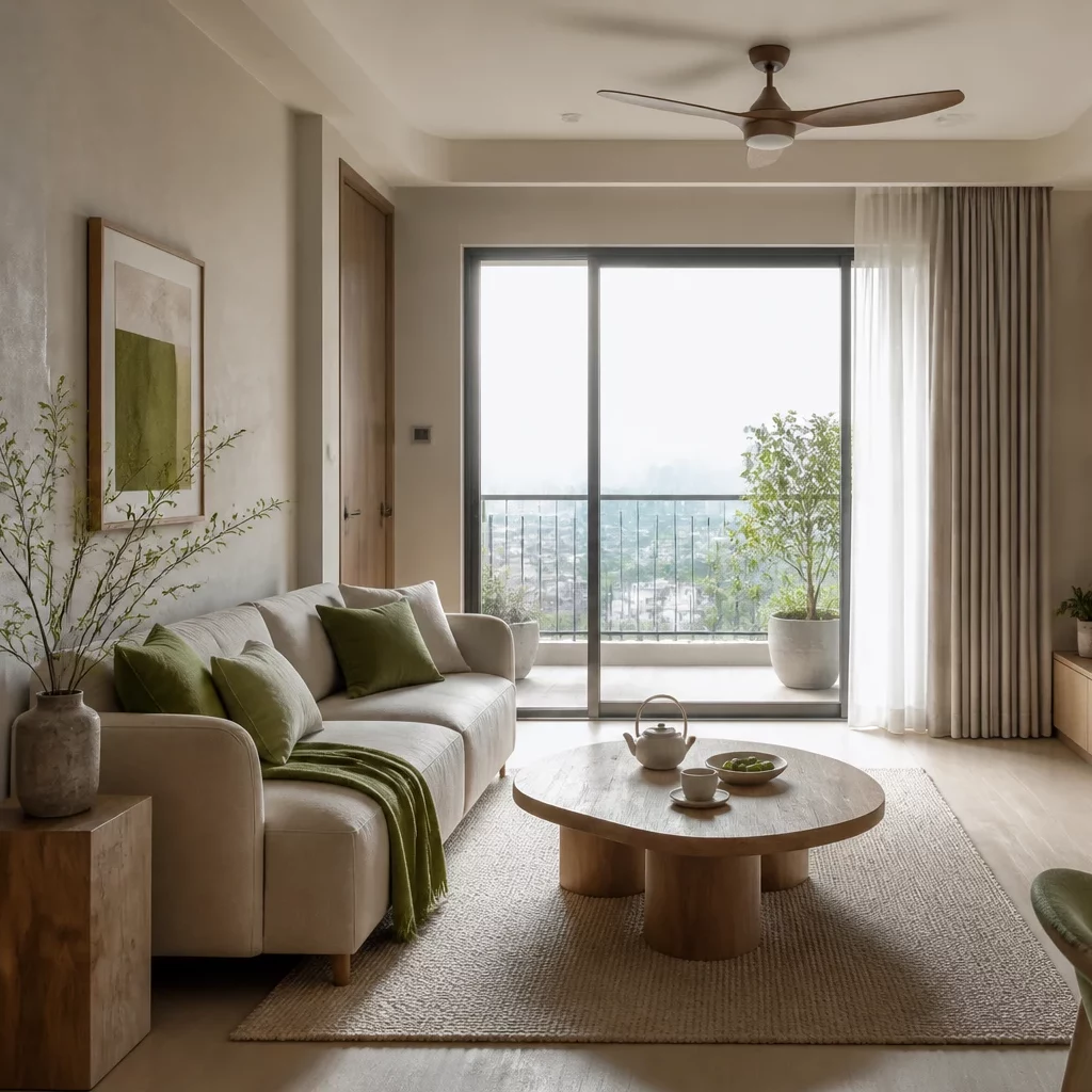 Thiết kế phòng khách liền bếp chung cư phong cách Japandi