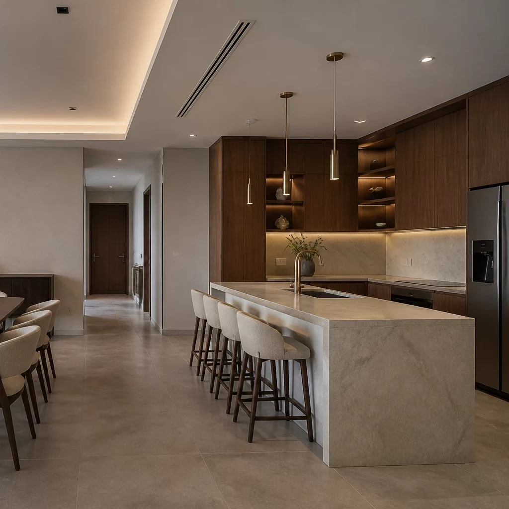 Thiết kế nội thất phòng khách liền bếp sang trọng có cửa sổ