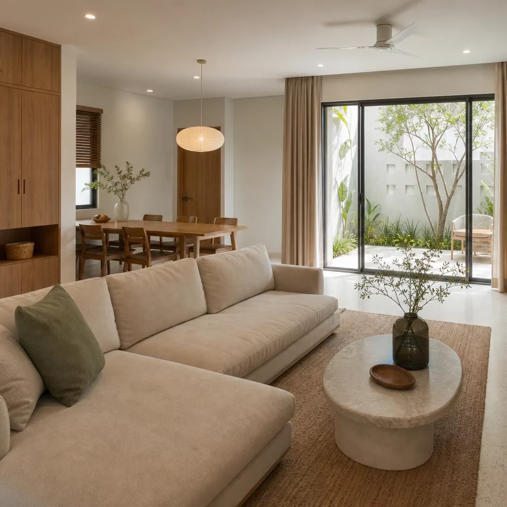 Nội thất phòng khách nhà cấp 4 kết nối sân vườn