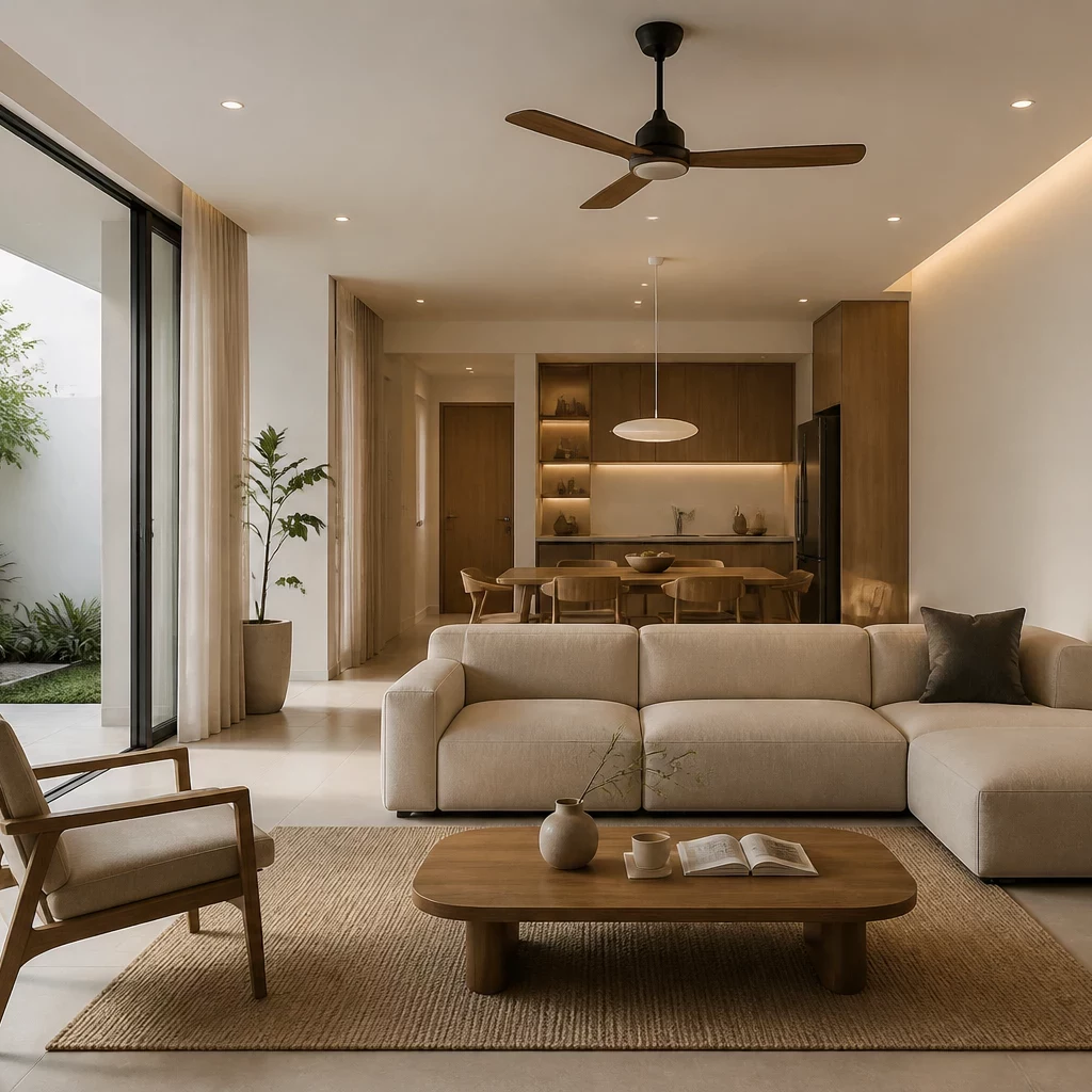 Thiết kế phòng khách nhà cấp 4 với kệ sách hiện đại