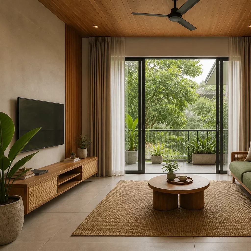 Mẫu phòng khách nhà cấp 4 phong cách Rustic ấm cúng