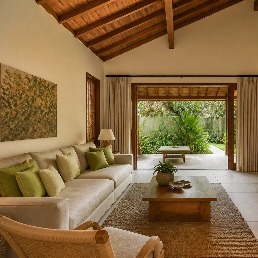 Nội thất phòng khách nhà cấp 4 phong cách Tropical nhiều cây xanh