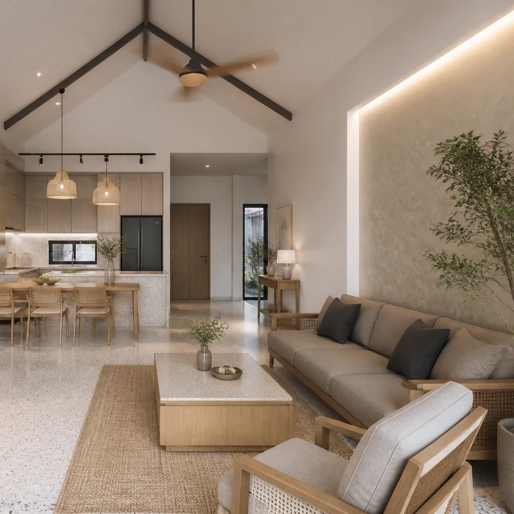 Mẫu phòng khách nhà cấp 4 đẹp phong cách Tối giản hiện đại