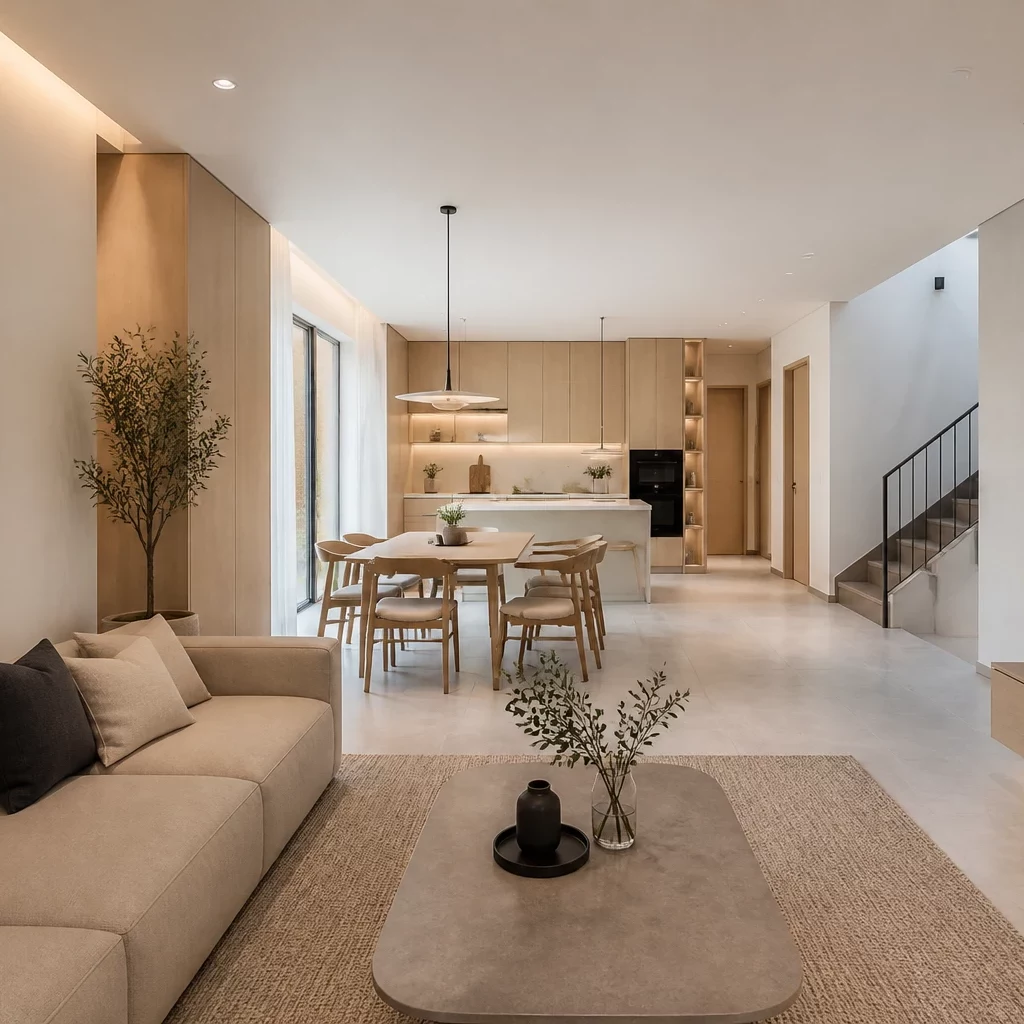 Không gian bếp liền kề phòng khách nhà cấp 4