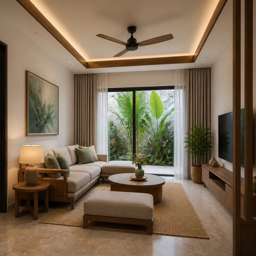 Phòng khách nhà cấp 4 đẹp phong cách nhiệt đới