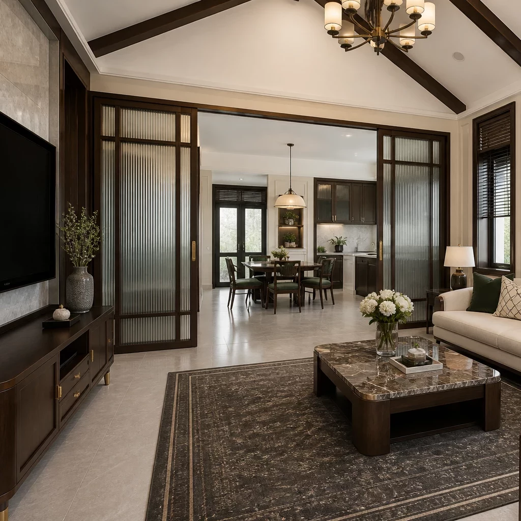 Nội thất phòng khách nhà cấp 4 kết hợp không gian mở với sofa lớn