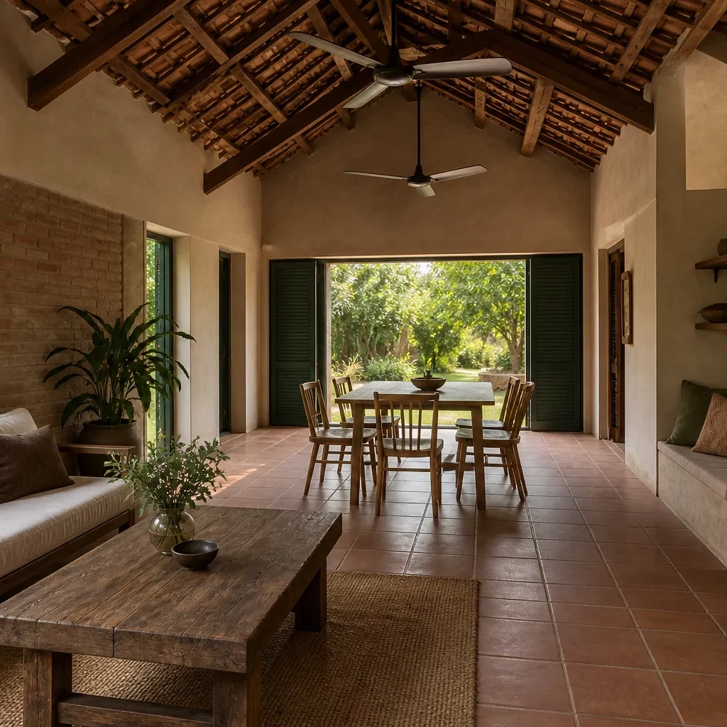 Vật liệu gỗ tự nhiên trong phòng khách nhà cấp 4 phong cách Tropical