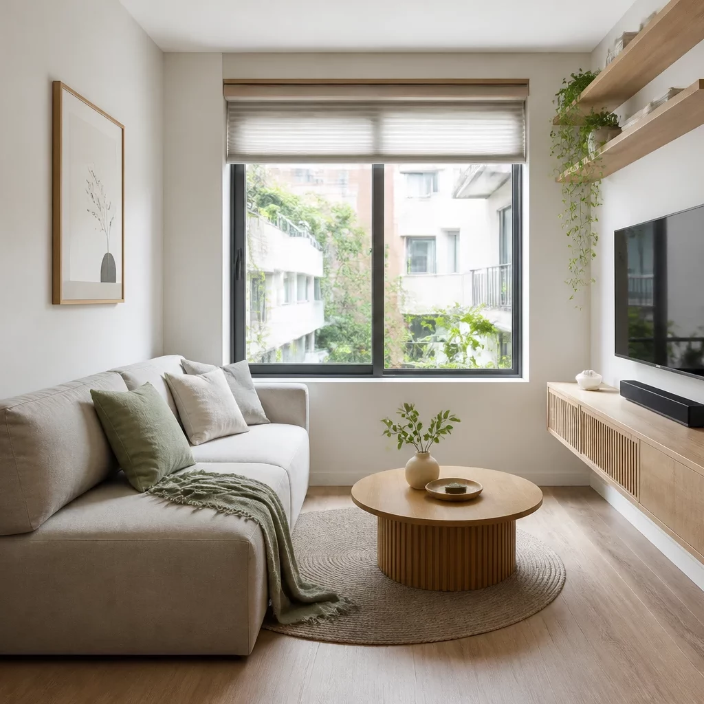 Thiết kế phòng khách nhà ống phong cách Japandi tối giản