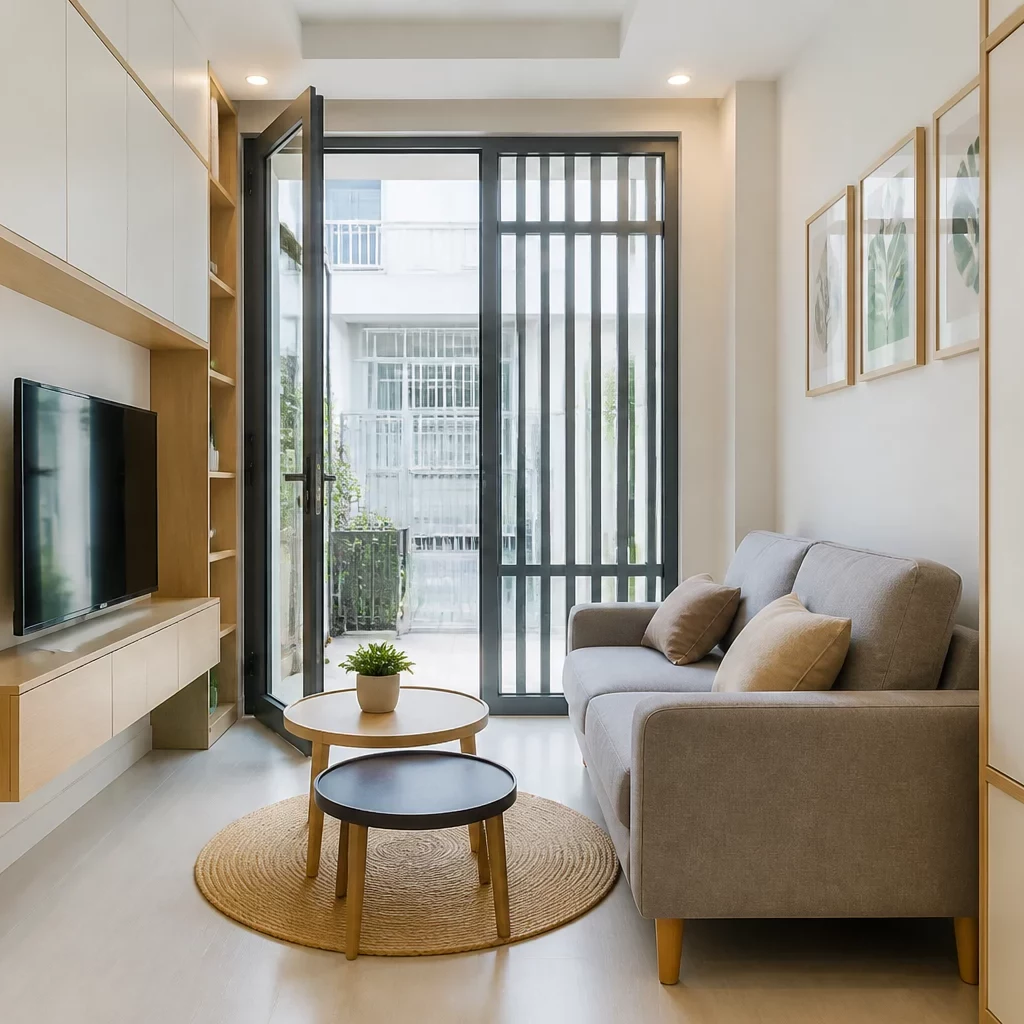 Mẫu phòng khách nhà ống hiện đại với nội thất đa năng