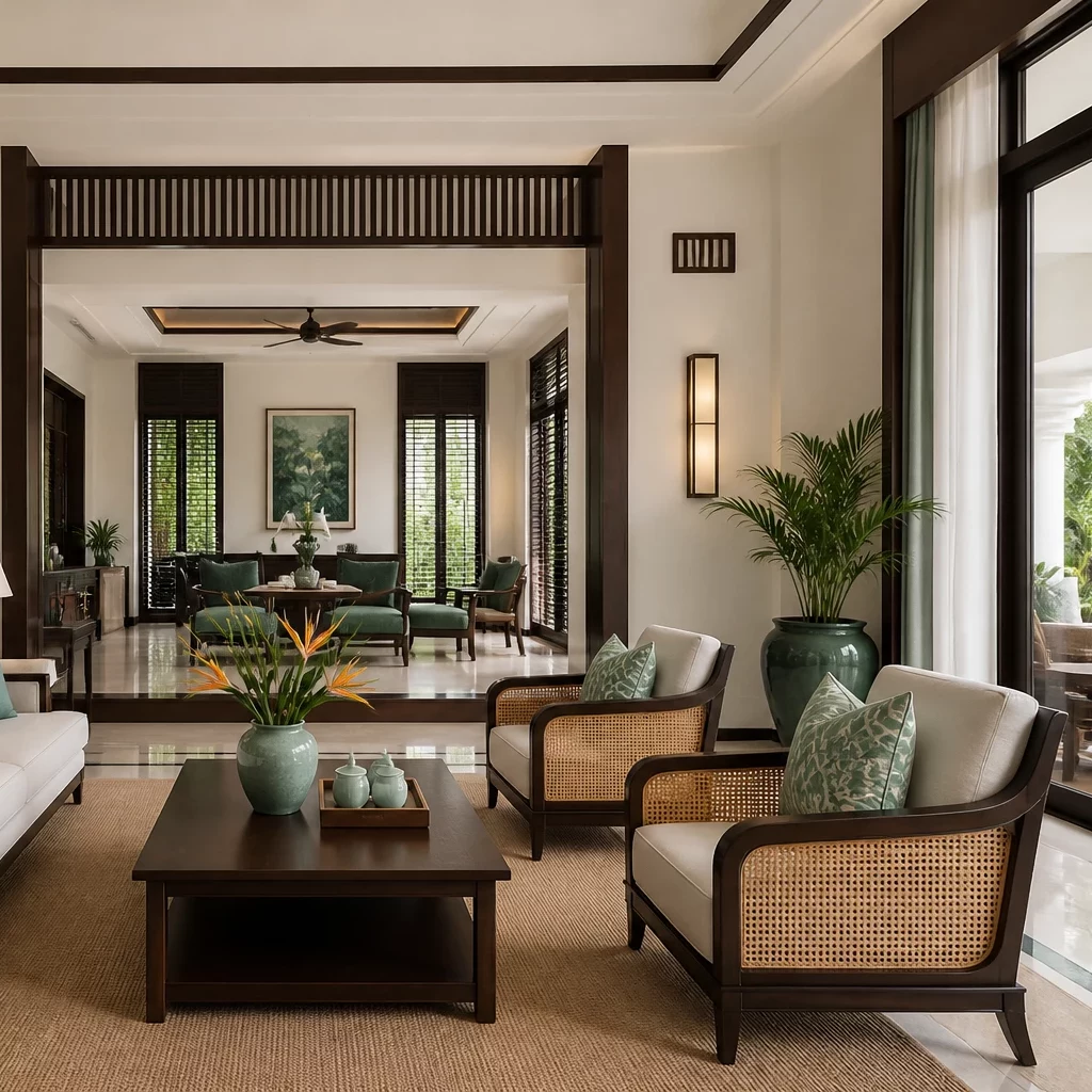 Mẫu phòng khách nhà ống đẹp phong cách Đông Dương gần gũi thiên nhiên