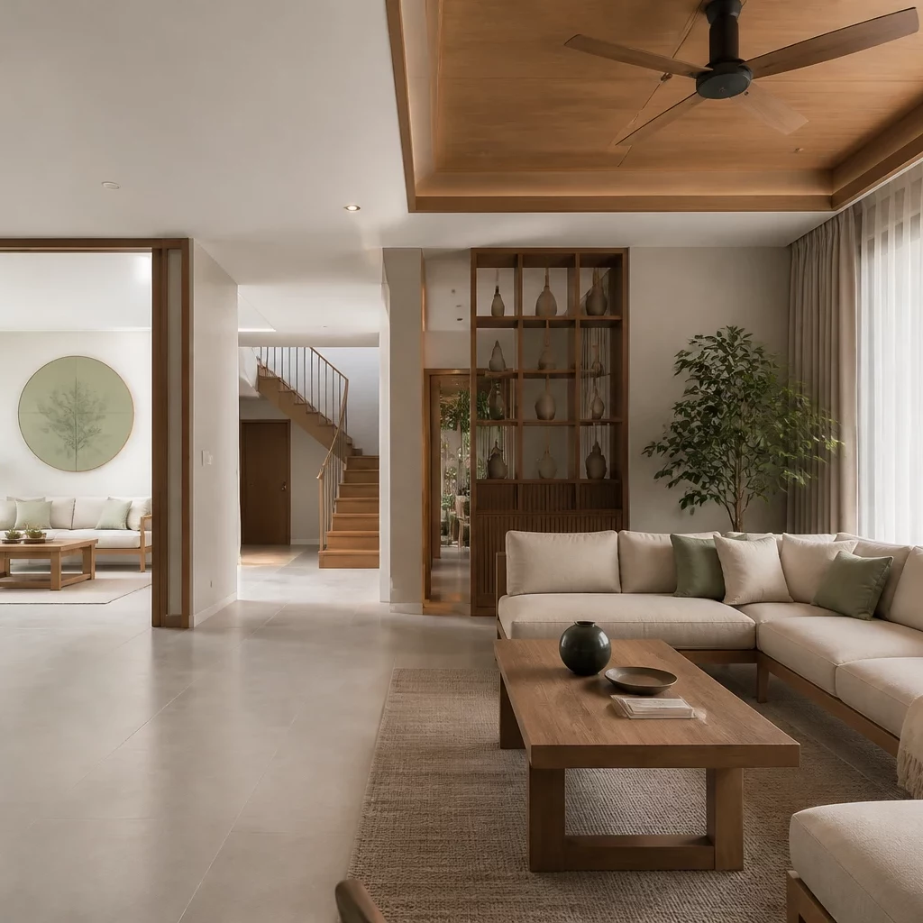 Nội thất phòng khách nhà ống phong cách Japandi với sofa lớn
