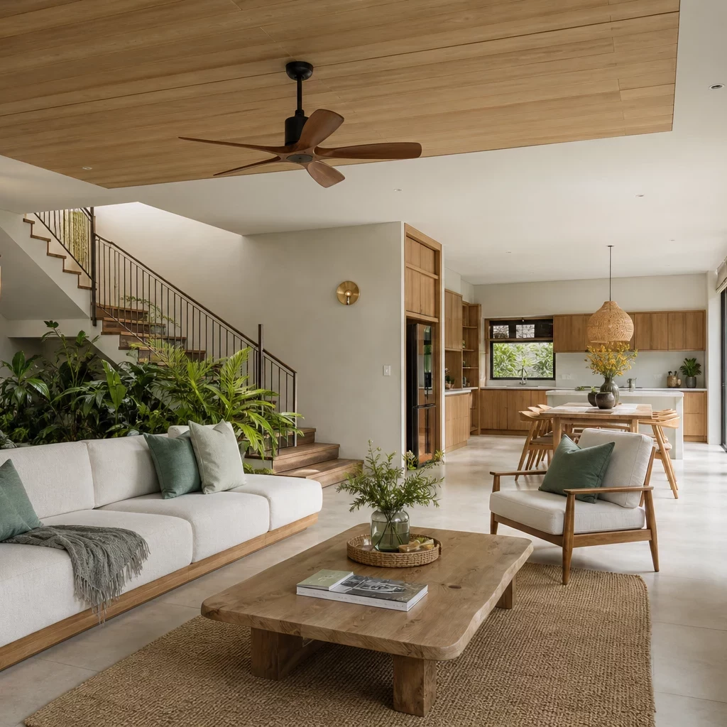 Nội thất phòng khách nhà ống phong cách Tropical gần gũi thiên nhiên