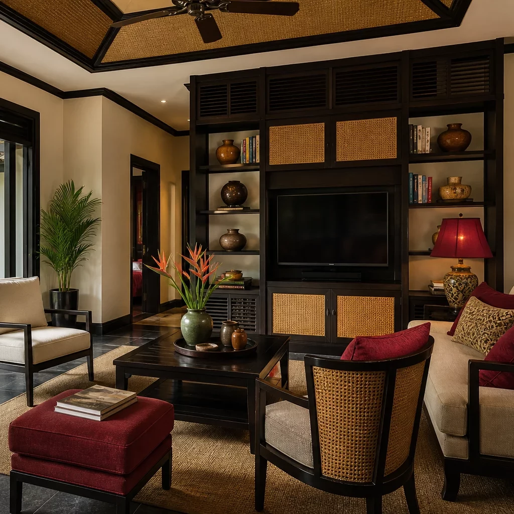 Không gian phòng khách nhà ống tầng trệt phong cách Indochine