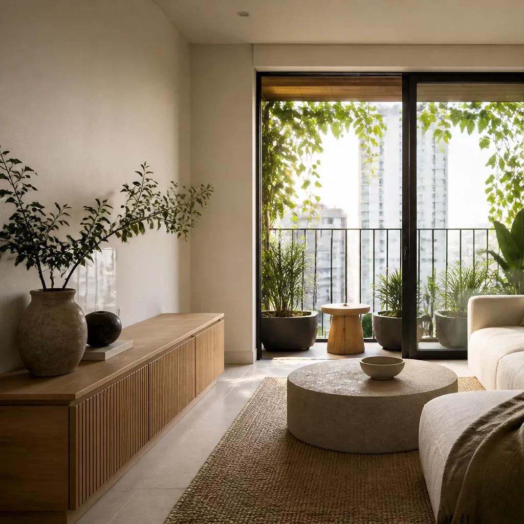 Phòng khách nhỏ đẹp Japandi trong căn hộ chung cư