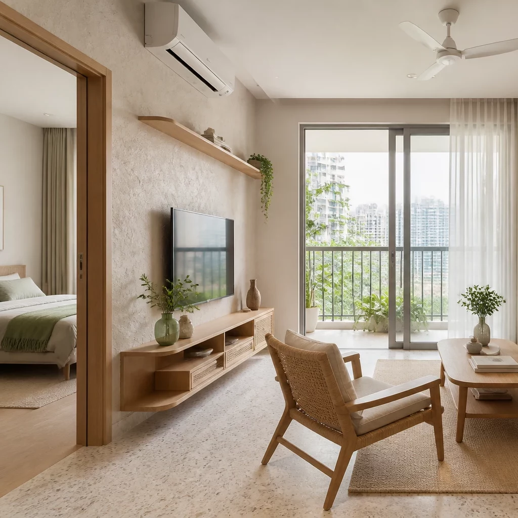 Phòng khách nhỏ đẹp mở rộng không gian ra ban công Japandi