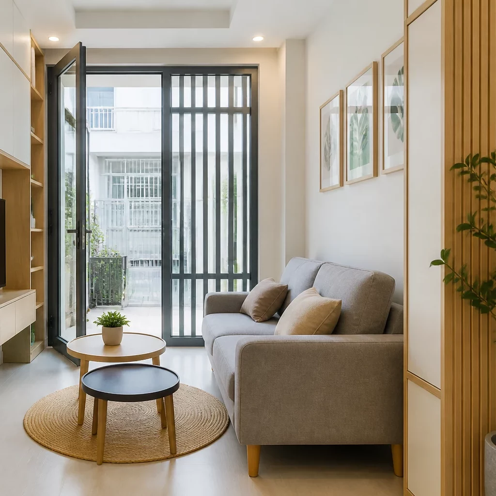 Phòng khách nhỏ đẹp hiện đại với vách ngăn CNC