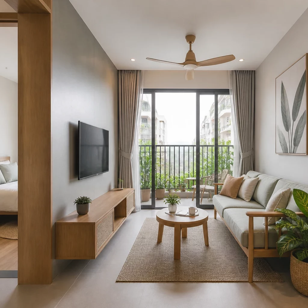 Phòng khách sang trọng hiện đại với view ban công phong cách Scandinavian