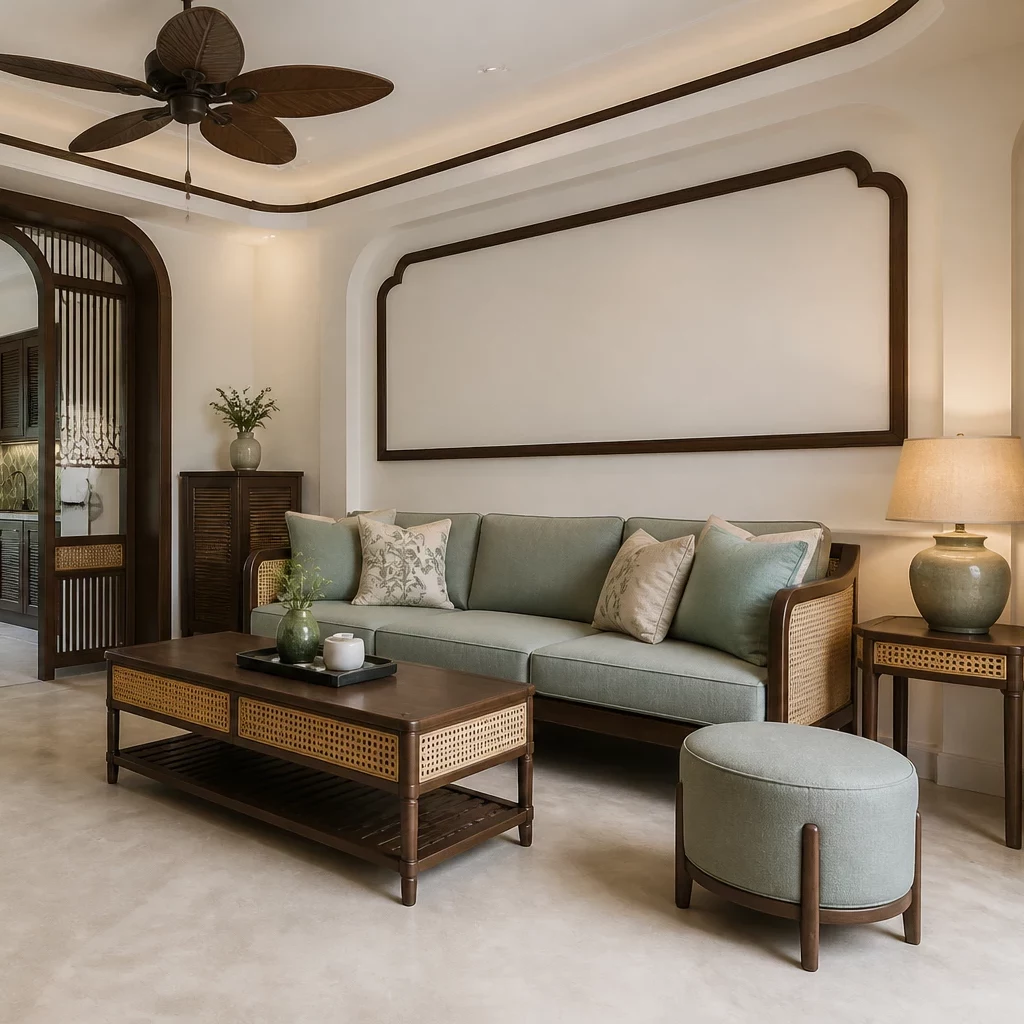 Thiết kế nội thất phòng khách sang trọng phong cách Đông Dương