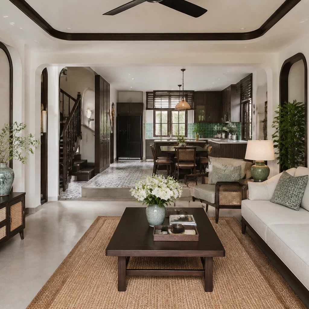 Thiết kế phòng khách tân cổ điển kết hợp phòng bếp phong cách Indochine
