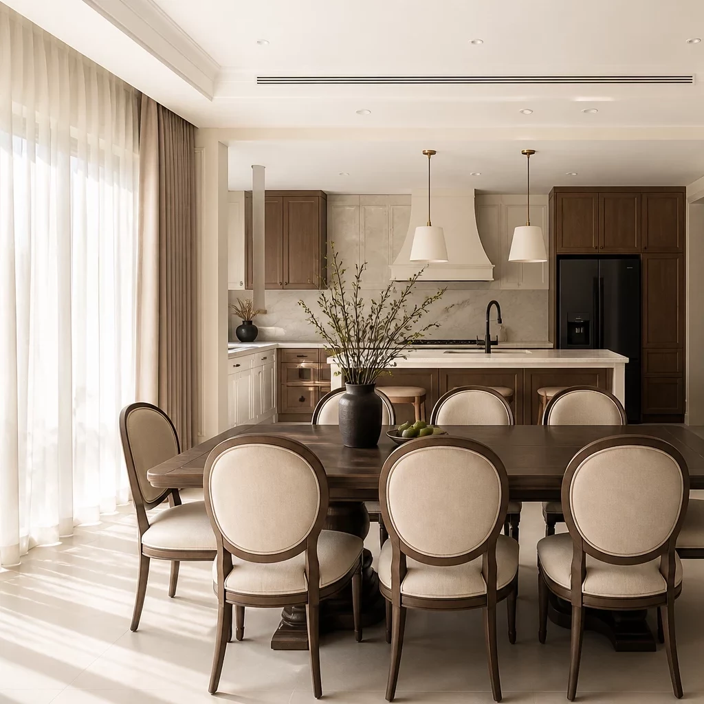 Nội thất phòng khách tân cổ điển liền kề khu vực bếp ăn
