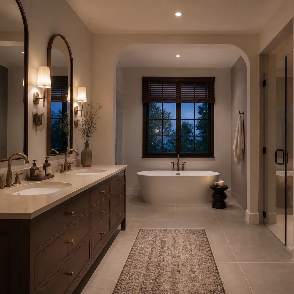 Thiết kế phòng khách tân cổ điển với ánh sáng tự nhiên từ phòng tắm