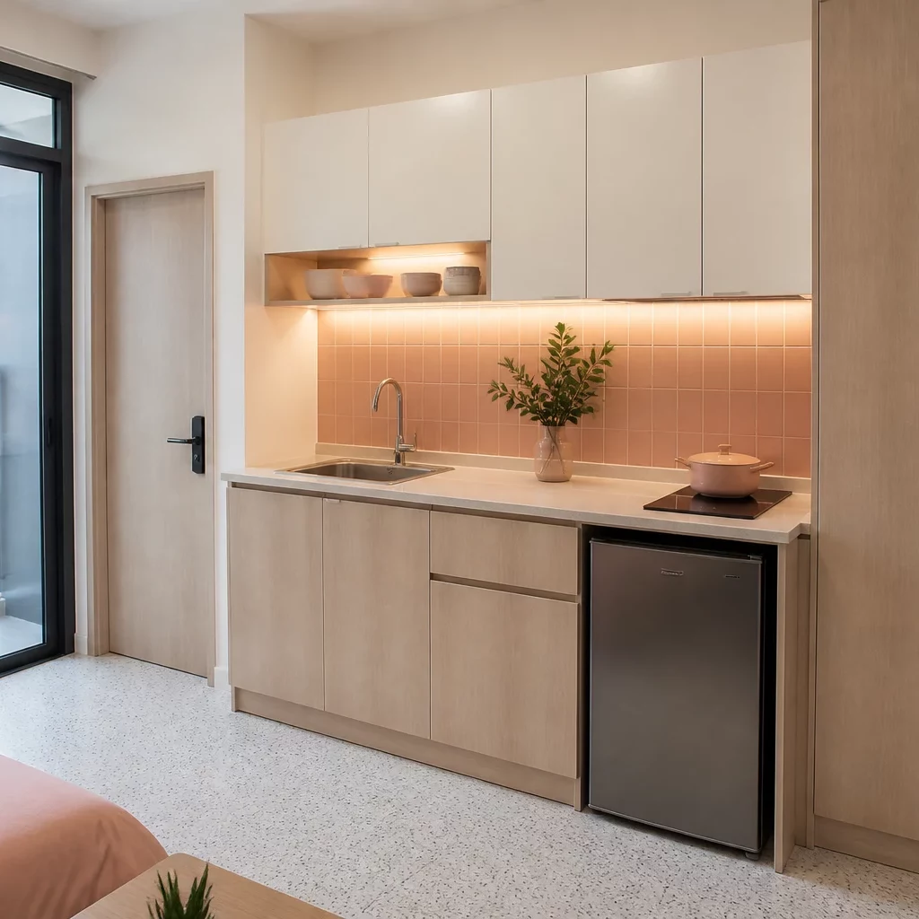 Thiết kế phòng ngủ chung cư studio liền kề bếp