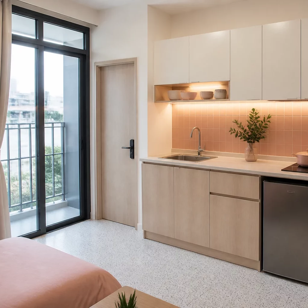 Mẫu phòng ngủ đẹp đơn giản liền bếp căn hộ Studio