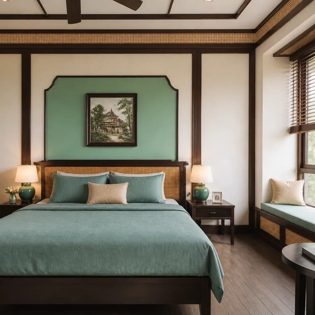 thiết kế phòng ngủ hiện đại pha trộn Indochine