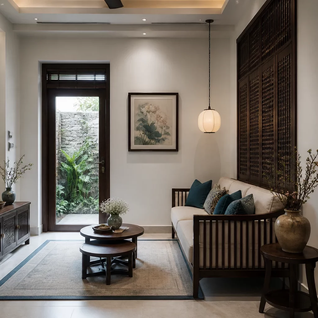 Phòng ngủ phong cách indochine tích hợp phòng khách