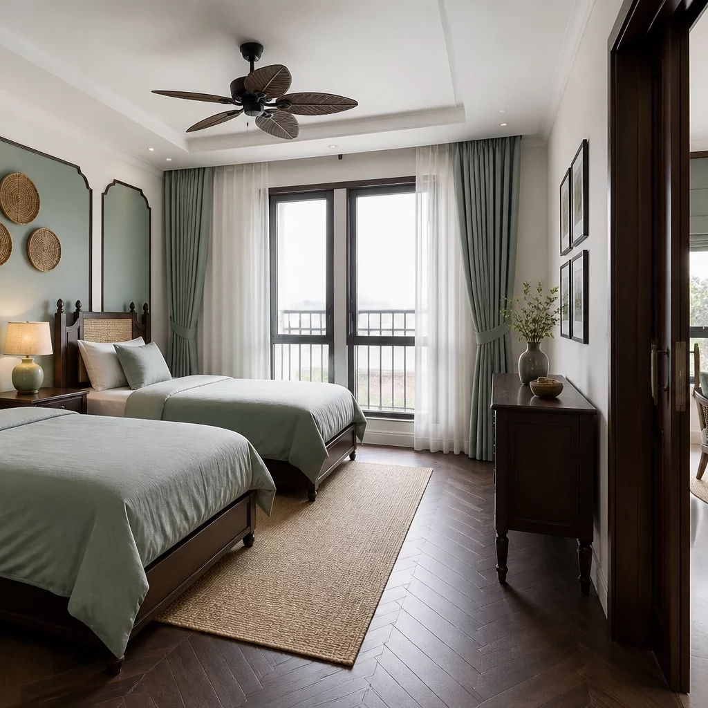 Ban công xanh mát của phòng ngủ phong cách indochine