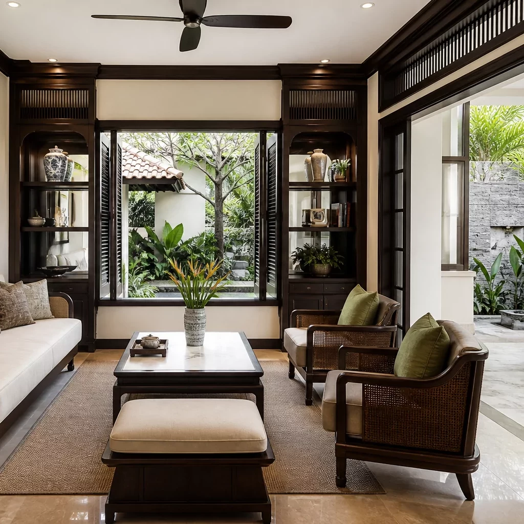View hồ bơi từ phòng ngủ phong cách indochine biệt thự