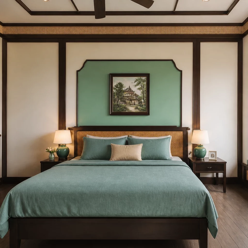 Vật liệu terrazzo và gỗ trong phòng ngủ phong cách indochine