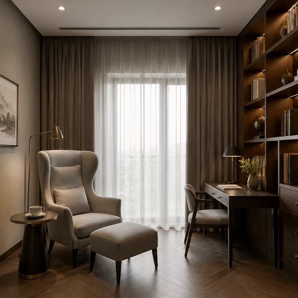 Thiết kế phòng ngủ indochine có góc đọc sách thư giãn