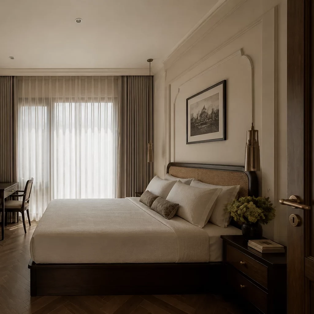 Sự đồng bộ trong thiết kế phòng ngủ indochine và không gian chung