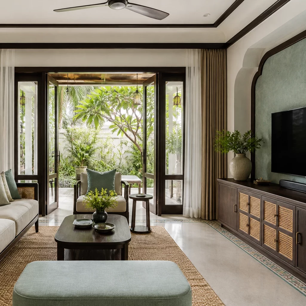 Phòng ngủ đông dương hướng sân vườn sinh thái