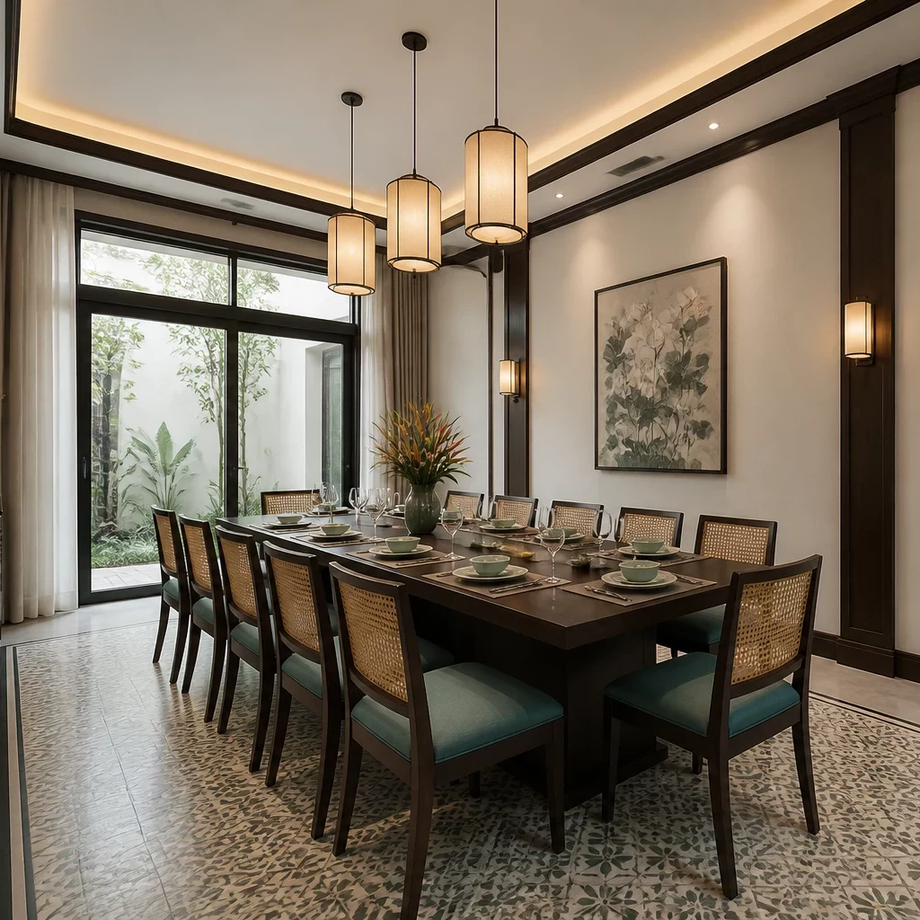 Nội thất phòng ngủ master biệt thự phong cách Đông Dương