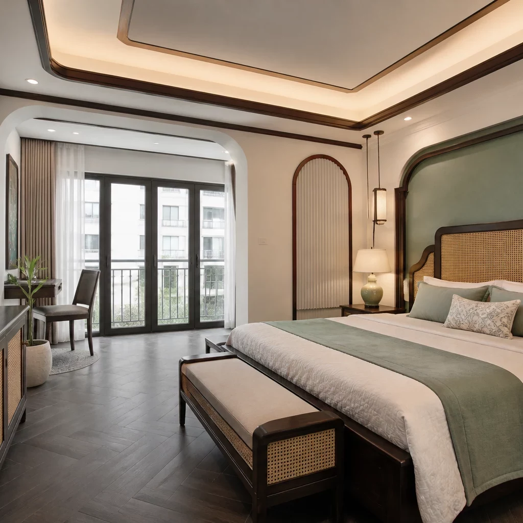 Nội thất phòng ngủ master phong cách Indochine với quầy bar