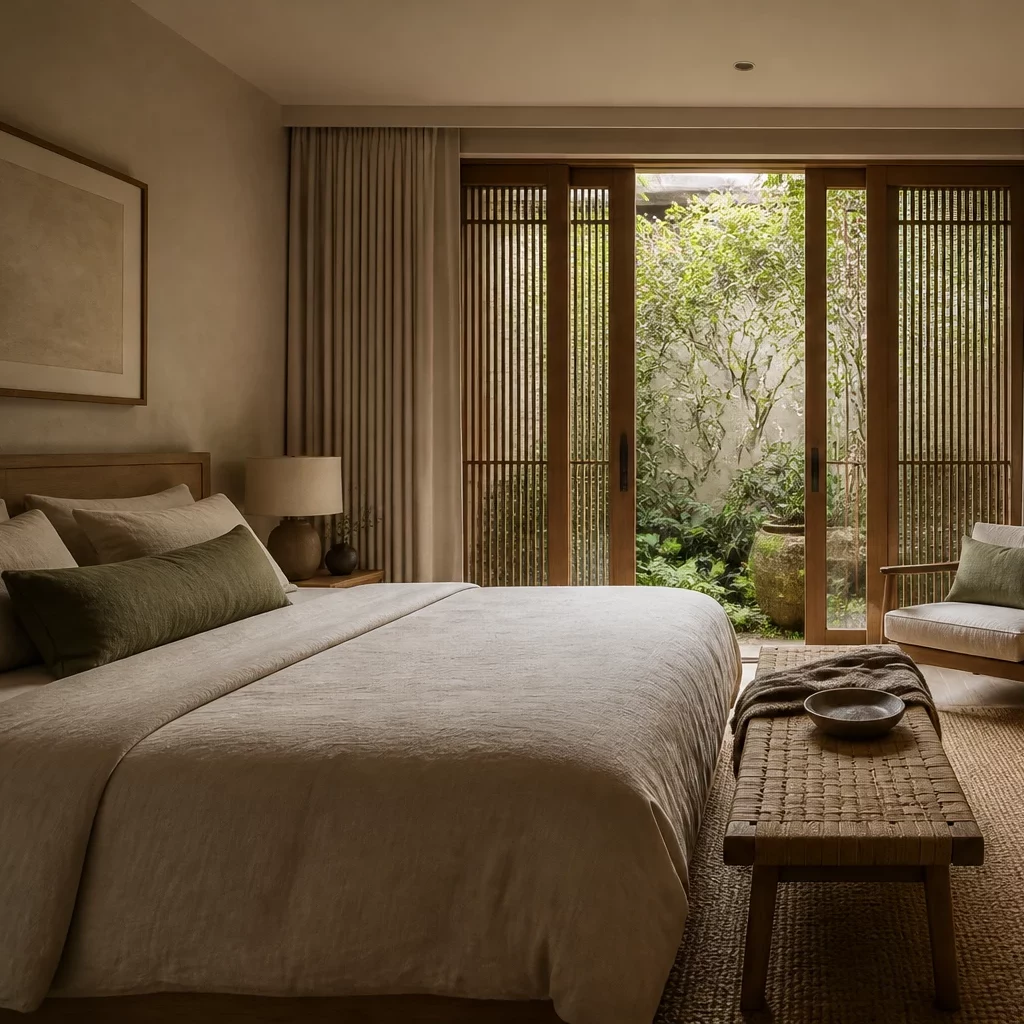 Phòng ngủ master phong cách Wabi Sabi tối giản