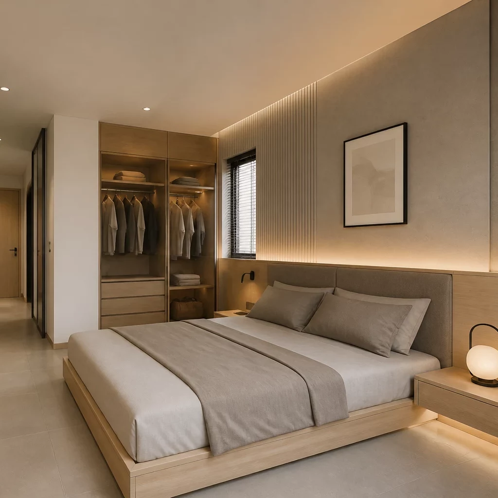 Không gian phòng ngủ minimalist trong căn hộ Japandi sang trọng