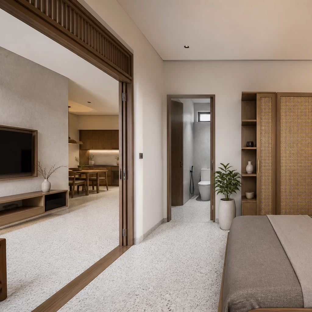 Phòng ngủ tối giản đẹp tại penthouse cao cấp view thành phố