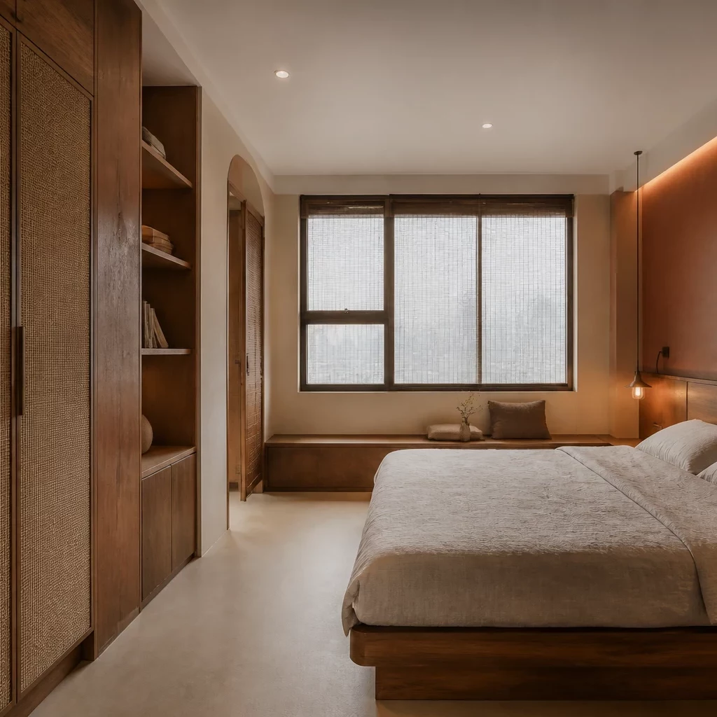 Phòng ngủ tối giản phong cách Wabi Sabi với tường hiệu ứng