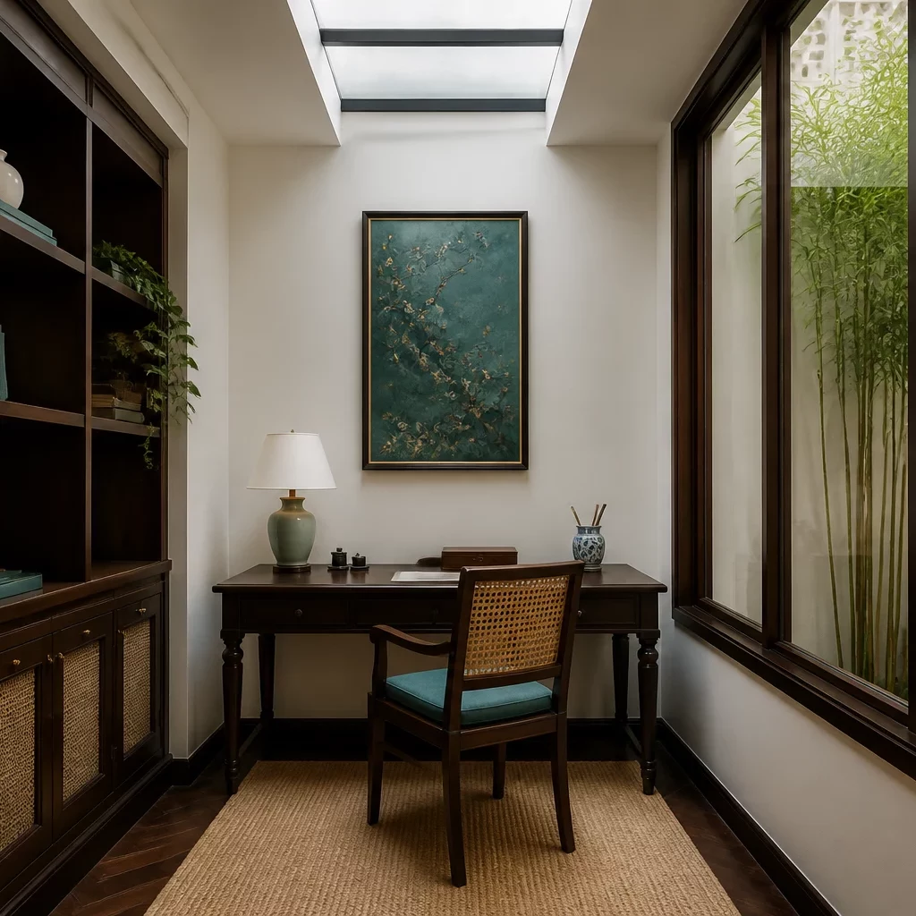 Phòng ngủ kết hợp bàn làm việc phong cách Indochine tối giản