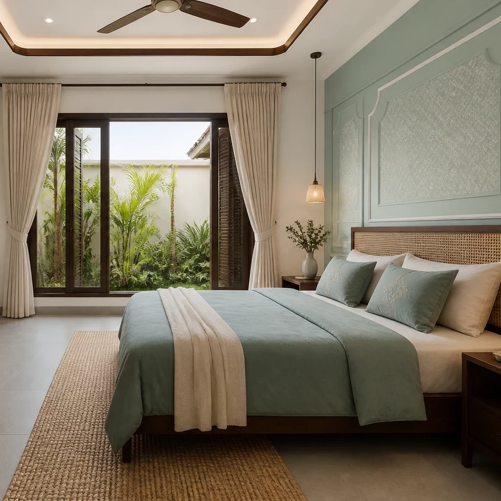 Phòng ngủ Indochine tối giản với điểm nhấn màu sắc