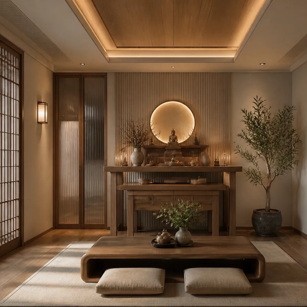 Phòng ngủ Japandi tối giản với ánh sáng phân lớp